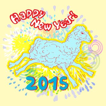Happy New Chinese Year card with fireworks, hand drawn illustration of a sheep over a colored background