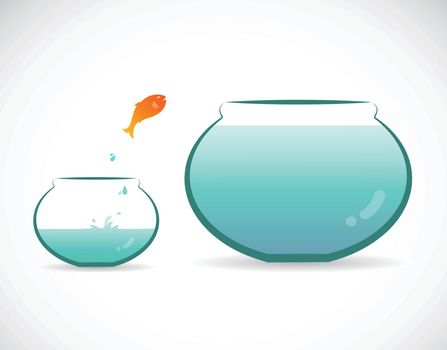 Vector image of an fish jumping out of aquarium. Freedom concept