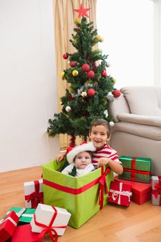 Cute boy and baby brother at christmas