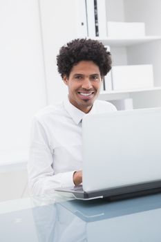 Smiling businessman sitting and using laptop