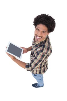 Happy man holding digital tablet