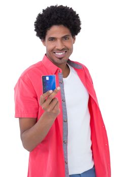 Happy man holding credit card