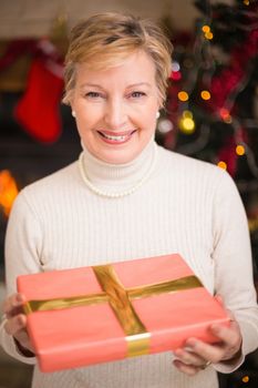 Smiling active seniors holding a gift at christmas