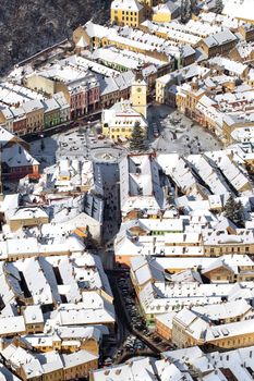 Aerial view of the Counsel House and Square in old Brasov city, Romania