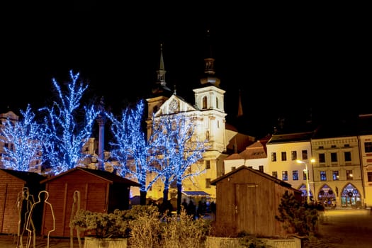 christmas decorated town in night Jihlava