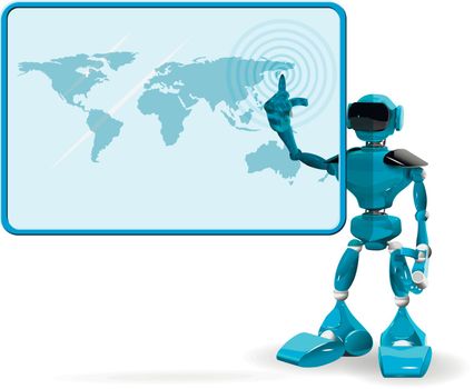 Illustration of a blue robot on white background and screen