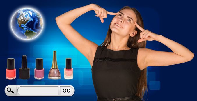 Beautiful woman facing choice. bottles of nail polish, Globe and search bar with Go button beside