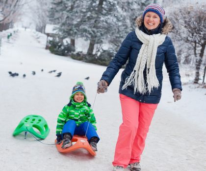 Family having fun with sled in winter park