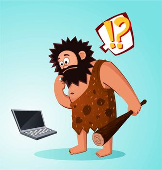 prehistoric age of beardy caveman surprised to find a laptop