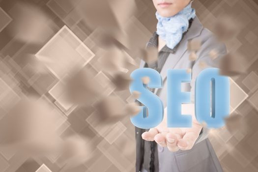 Concept of seo, business woman holding a 3d text.