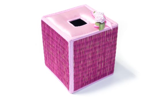 Thai style handmade box of tissues Knitting made by duckweeds with pink flowers decoration on top isolated background