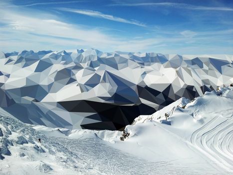 Slope on the skiing resort with low poly mountains in background