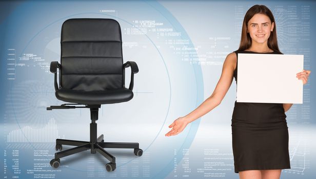 Businesswoman holding blank paper sheet, showing empty office chair beside. Hi-tech graphs as backdrop
