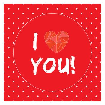 I love you card with heart and white polka dots on red background