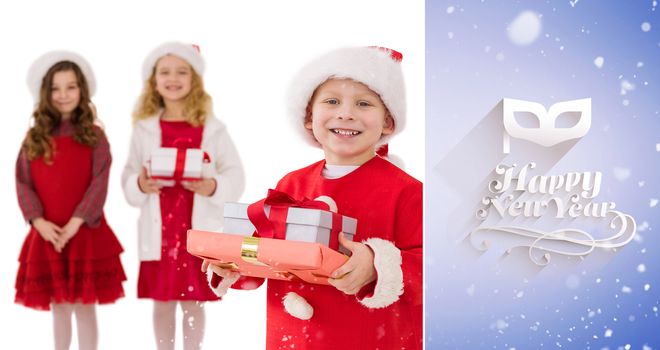 Composite image of festive little siblings smiling at camera holding gifts