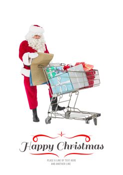 Composite image of santa delivering gifts with a trolley