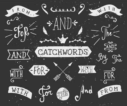 A set of chalkboard style catchwords and design elements. Hand drawn words and, for, from, with, the, by. Decorative elements and embellishments.