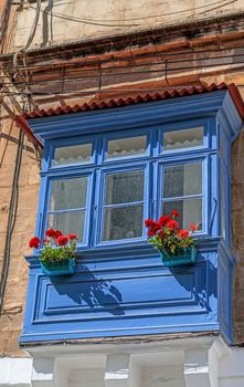blue balcony with red flowers