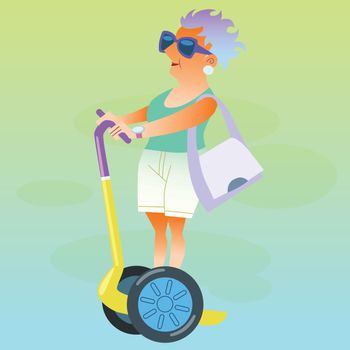 Female pensioner in the vacation goes on electric scooter