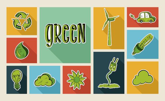 Ecology colorful hand drawn illustration style flat icon set. Environment concept ideal for app and website layout. EPS10 vector file.