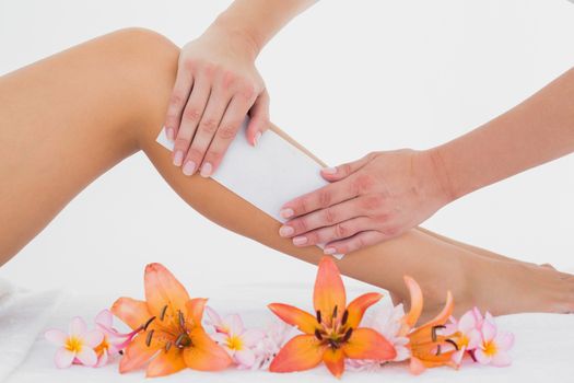 Therapist waxing woman's leg at spa center