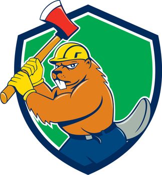 Beaver Lumberjack Wielding Ax Shield Cartoon