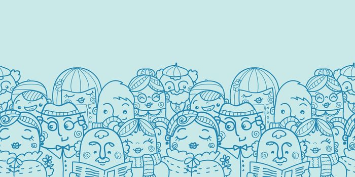 People in a crowd horizontal seamless pattern background border with hand drawn elements.