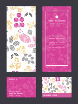 Vector abstract pink, yellow and gray leaves vertical frame pattern invitation greeting, RSVP and thank you cards set