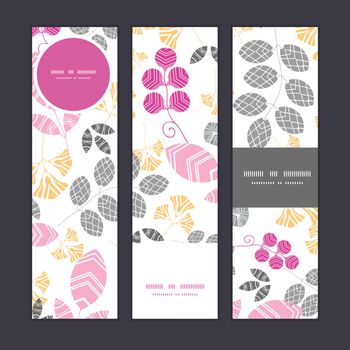 Vector abstract pink, yellow and gray leaves vertical banners set pattern background