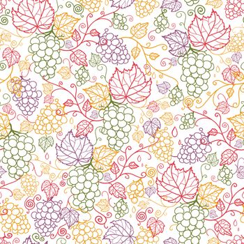 Vector line art grape vines seamless pattern background with hand drawn fruit and leaves.