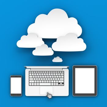 Smartphone, laptop and tablet connecting to cloud