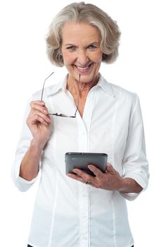 Smiling woman with tablet over white