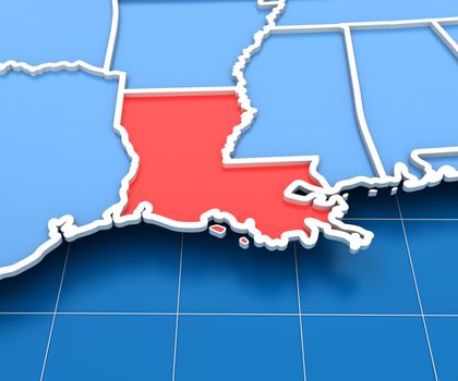3d render of USA map with Louisiana state highlighted