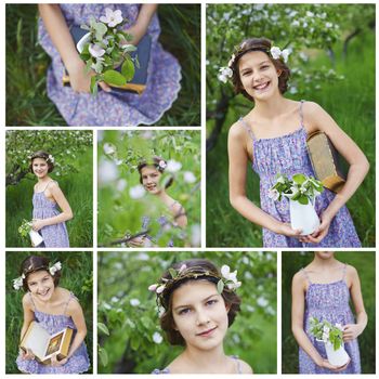 Collage of images adorable girl in blooming apple tree garden on spring day