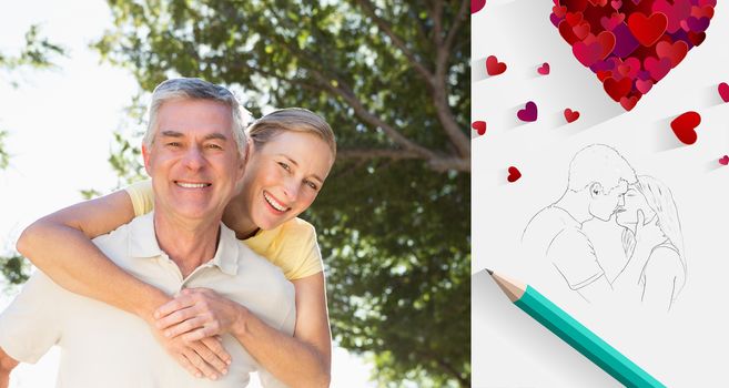 Happy senior man giving his partner a piggy back against sketch of kissing couple with pencil