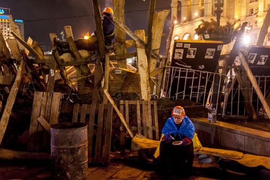 Maidan - activists guarding the barricades on independence squar