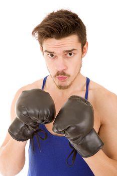 Man punching with black boxing gloves isolated on white background.
