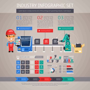 Industry Infographic Set with Factory Conveyor and Robot Arm Industry Infographic Set with Factory Conveyor and Robot Arm