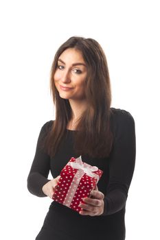 young woman with a gift on white 