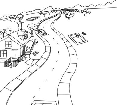 Cartoon outline housing construction scene near mountains