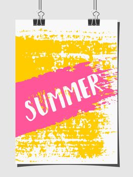 Hand drawn brush strokes summer sales poster design. Bright yellow, pink and white color palette. Modern poster design mock-up with paper clips.