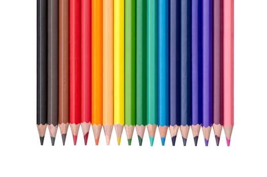 row of colored pencils isolated on white