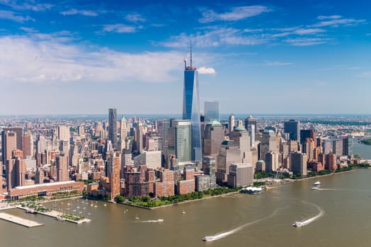 Aerial skyline of Lower Manhattan on a beautiful sunny day