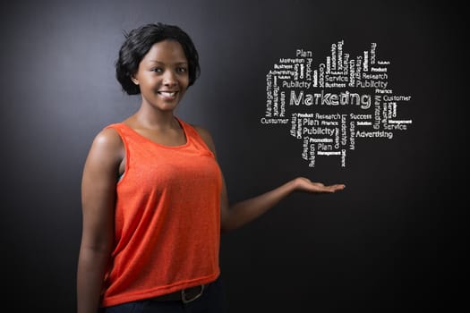 South African or African American woman teacher or student against blackboard marketing diagram