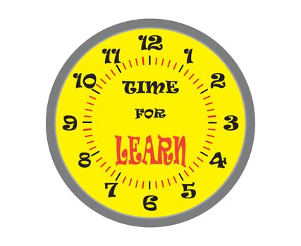 Time for learn. Yellow clock wih text. Banner sign
