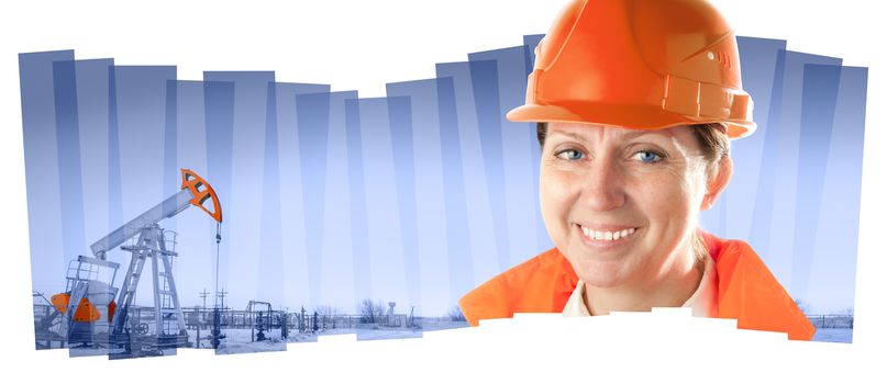 Female oil worker in orange uniform and helmet on of collage background the pump jack.