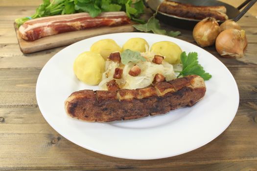 Brawurst and potatoes, sauerkraut with bacon