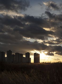 Urban landscape. Silhouettes of Kyiv high-rise buildings