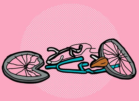 Cartoon of broken bicycle over pink background