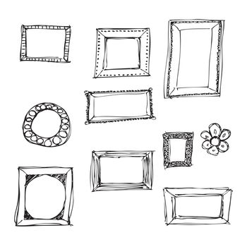 Hand drawn pen and ink illustration of picture frames on a white background